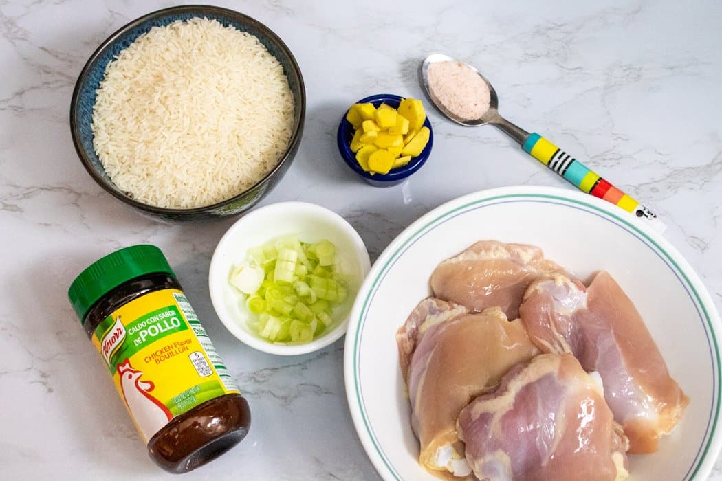 picture of ingredients required to make Instant pot chicken congee. Jasmine rice, ginger, broth, chicken, salt and green onions( optional).