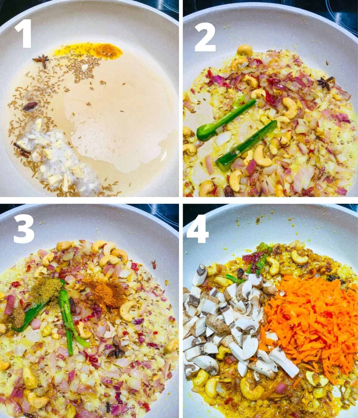 Picture collage of first four steps of Kale rice step by step images. This gallery shows until adding grated carrots and mushrooms.