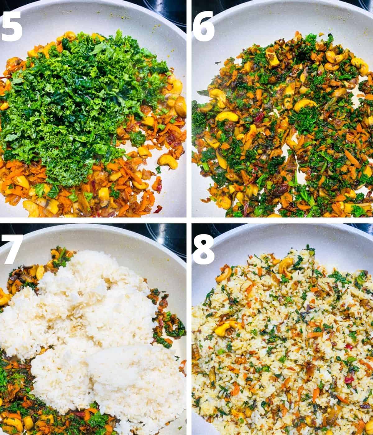 Picture collage of Kale rice step by step images. This gallery shows from adding kale to finishing kale rice.