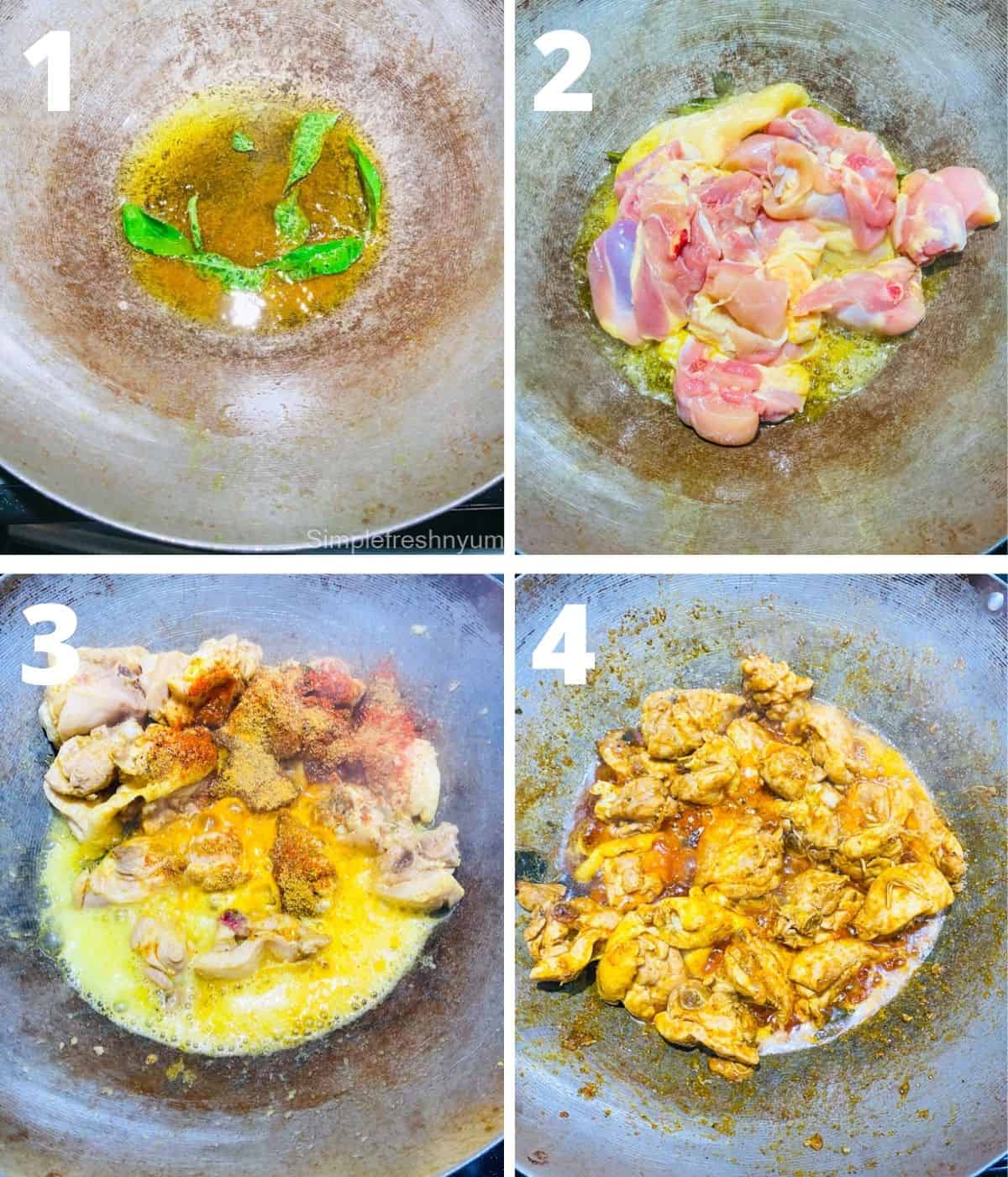 Collage of first four step by step images to make chicken karahi. This collage covers until adding spices.