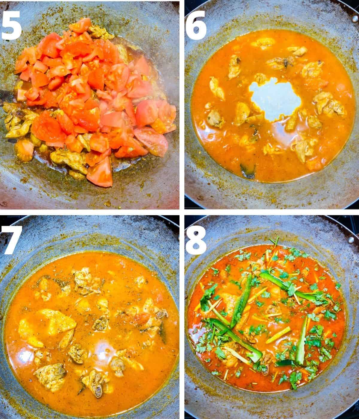 Collage of last four step by step images to make chicken karahi. This collage coversfrom adding tomatoes till the end.