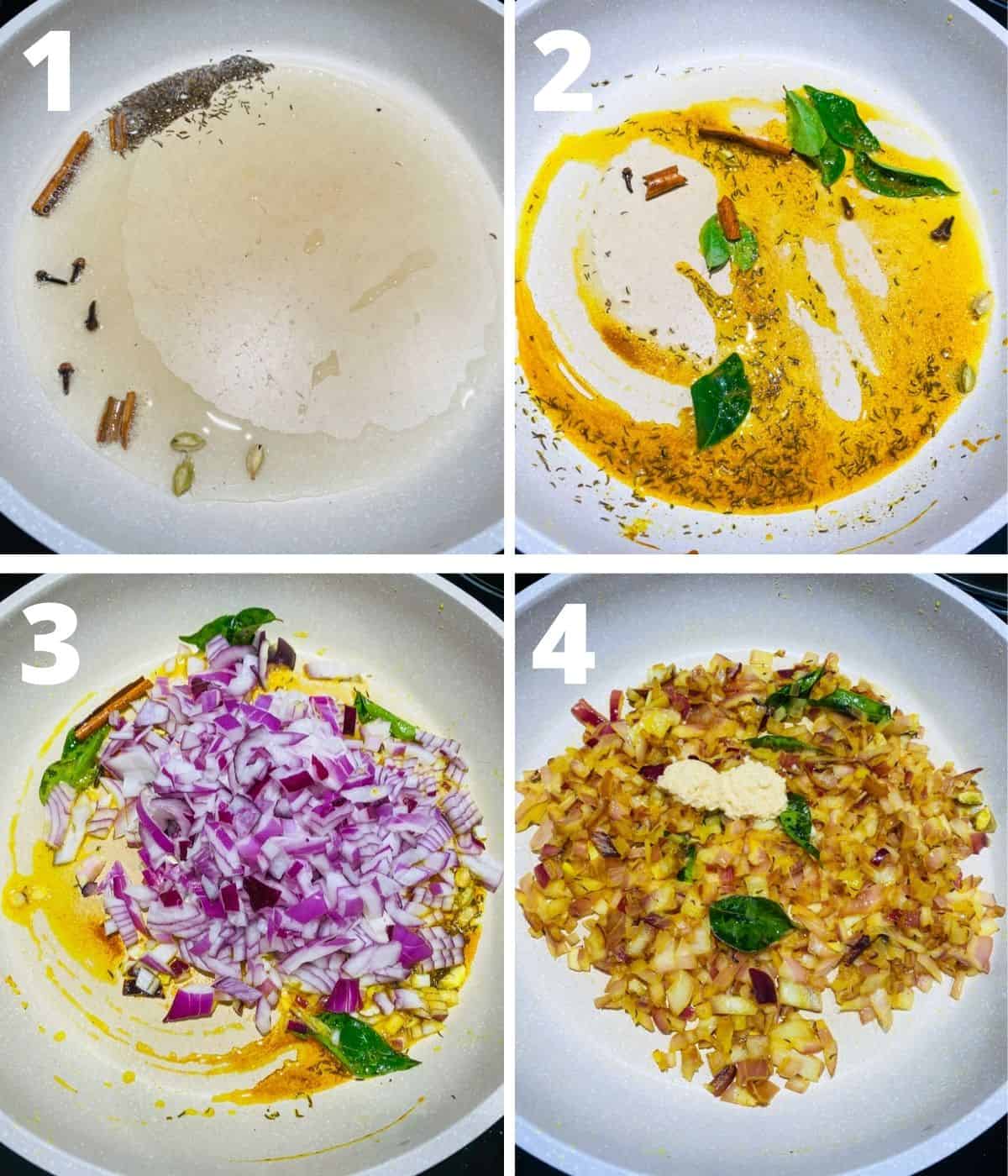 Step by step image collage of Aloo Kheema Matar. This collage covers until adding ginger garlic paste.