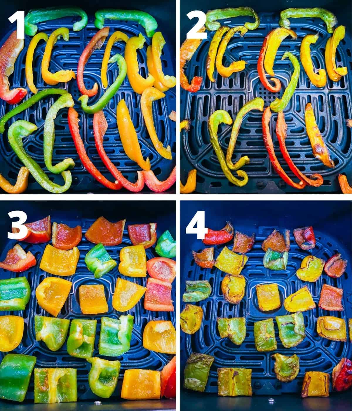 Collage image showing before and after pictures of bell peppers roasted in air fryer