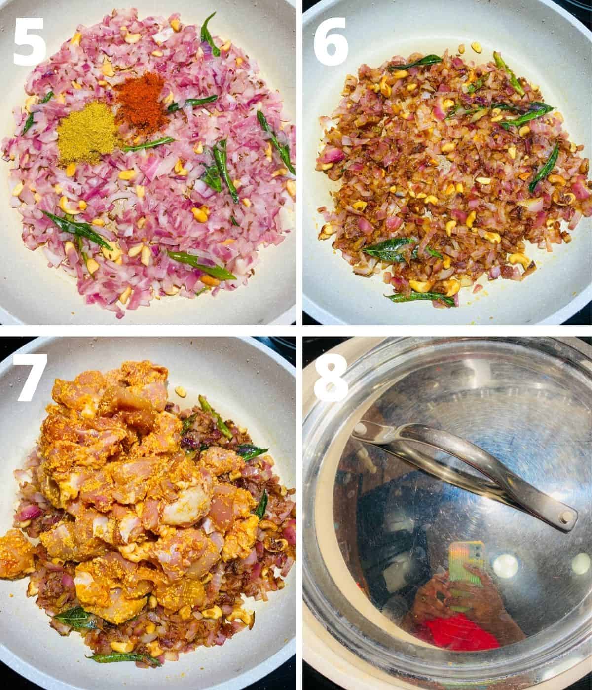 This collage image shows the step by step images of how to make stir fried chicken in South Indian style. This image covers from adding ground spices to sauteed onions until cooking the chicken with lid on.