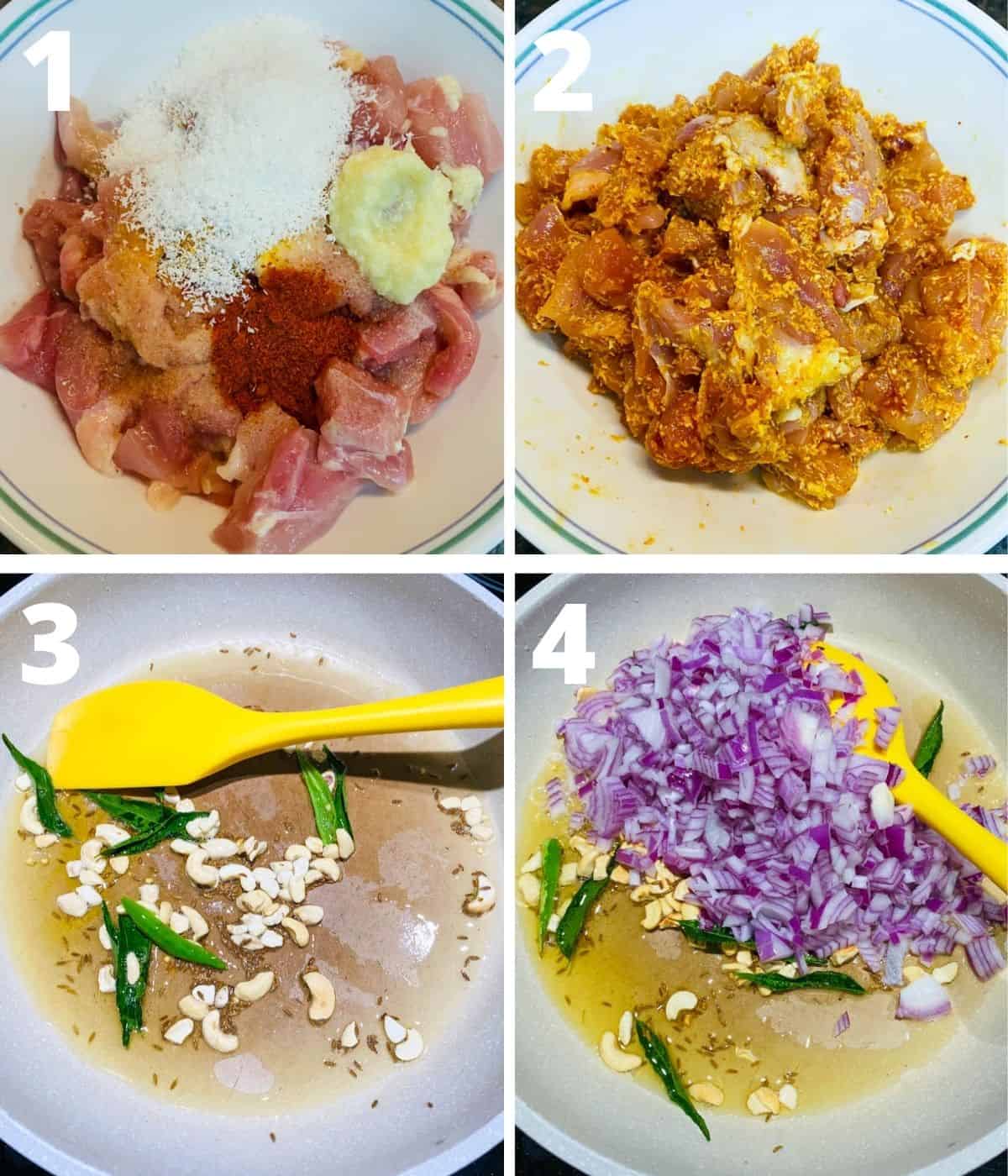 This is a collage image of first four steps of making South Indian stir fried chicken. This covers the marination part and until adding onions.
