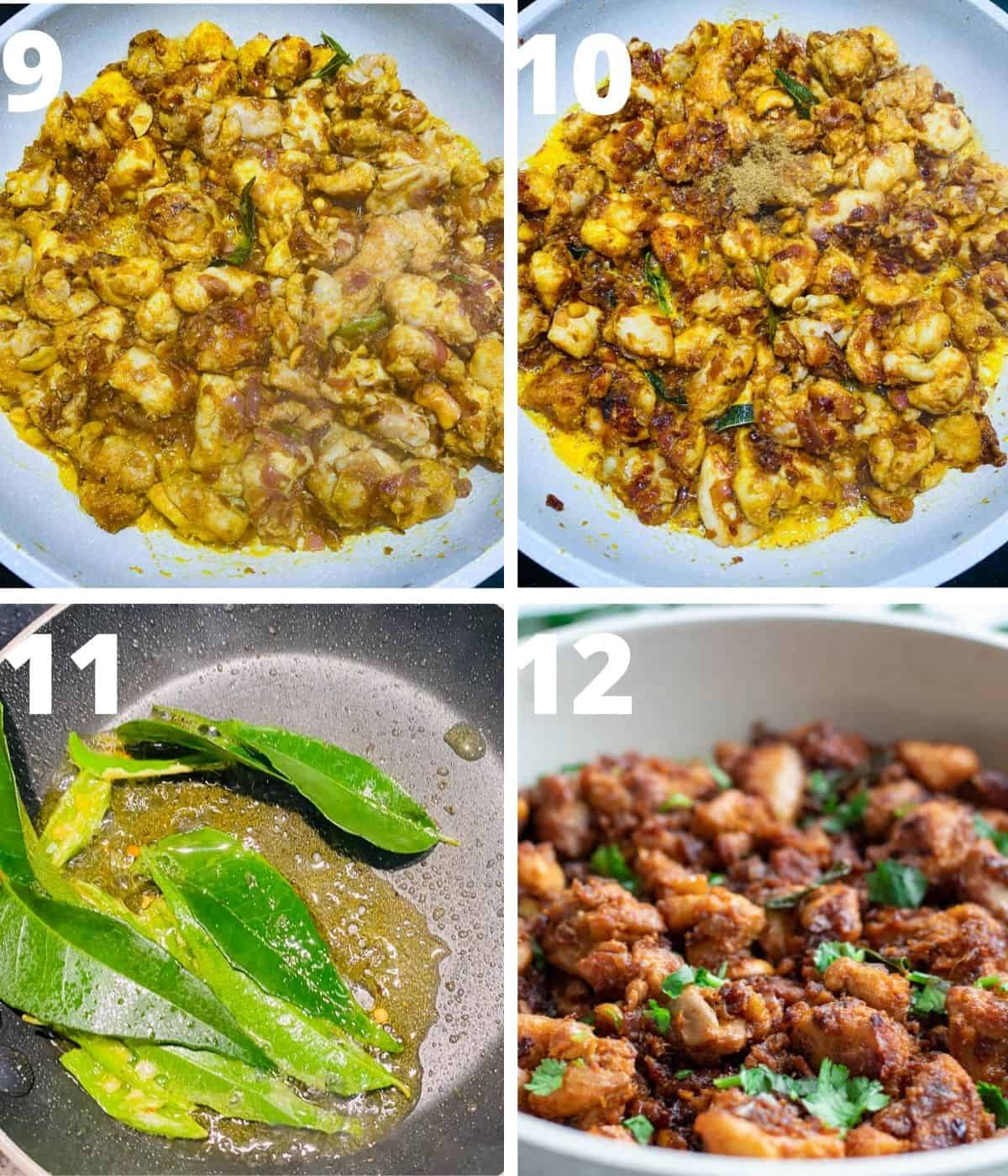 This collage image shows the last 4 step by step images of how to make stir fried chicken in South Indian way.