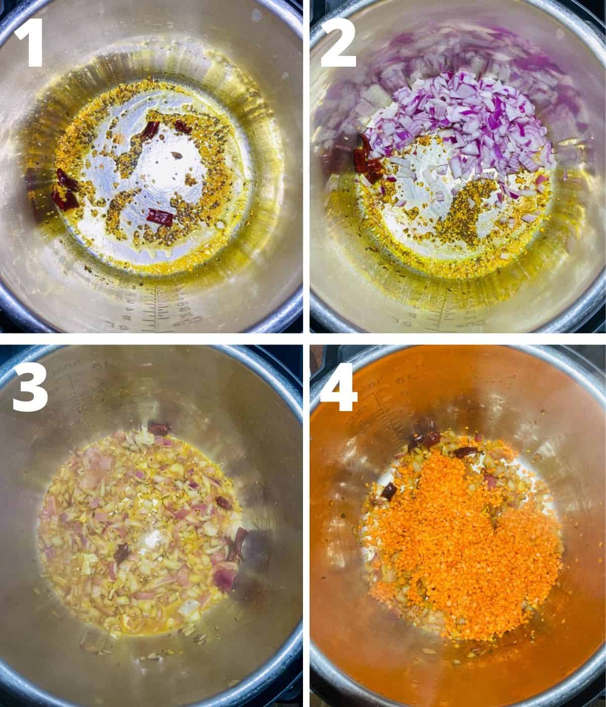 This is a collage image of step by step pictures showing how to make Indian style red lentils in Instant pot. This collage shows step 1 to 4 until adding red lentils to IP.