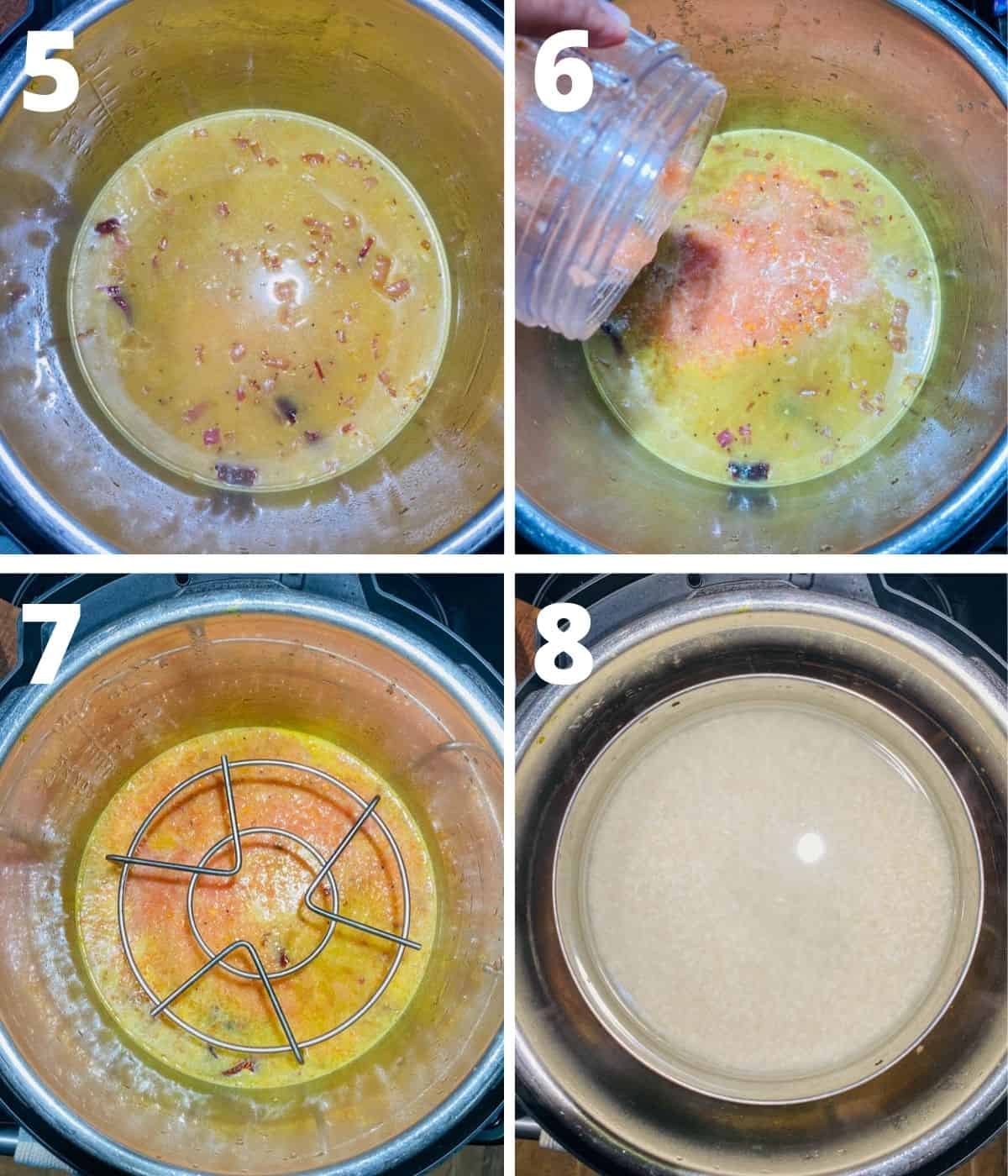 This is a collage image of step by step pictures showing how to make Indian style red lentils in Instant pot. This collage shows step 4 to 8 until placing the rice bowl on tall trivet in IP.