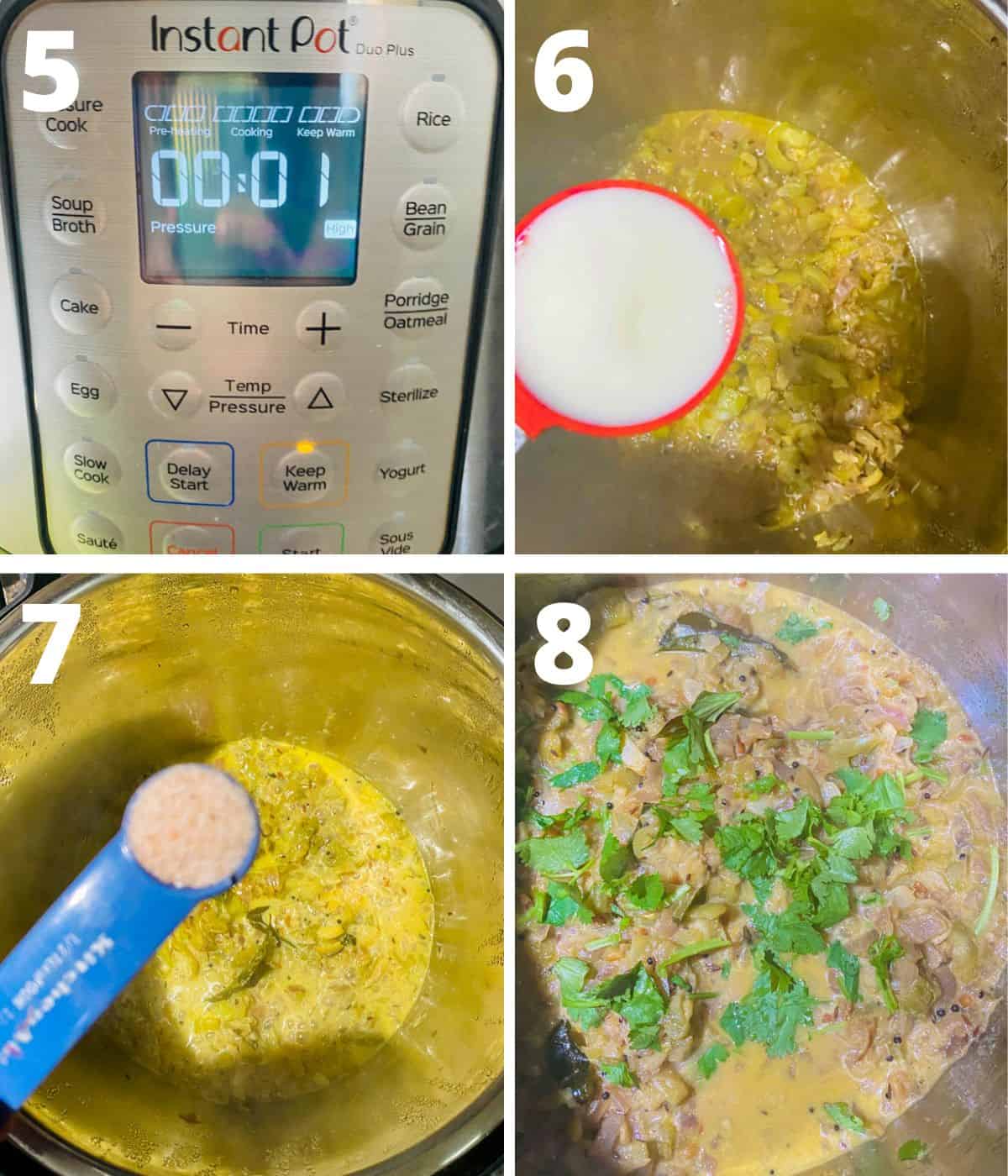 Step by step image collage for the last four steps showing how to make beerakaya curry in Instant pot.